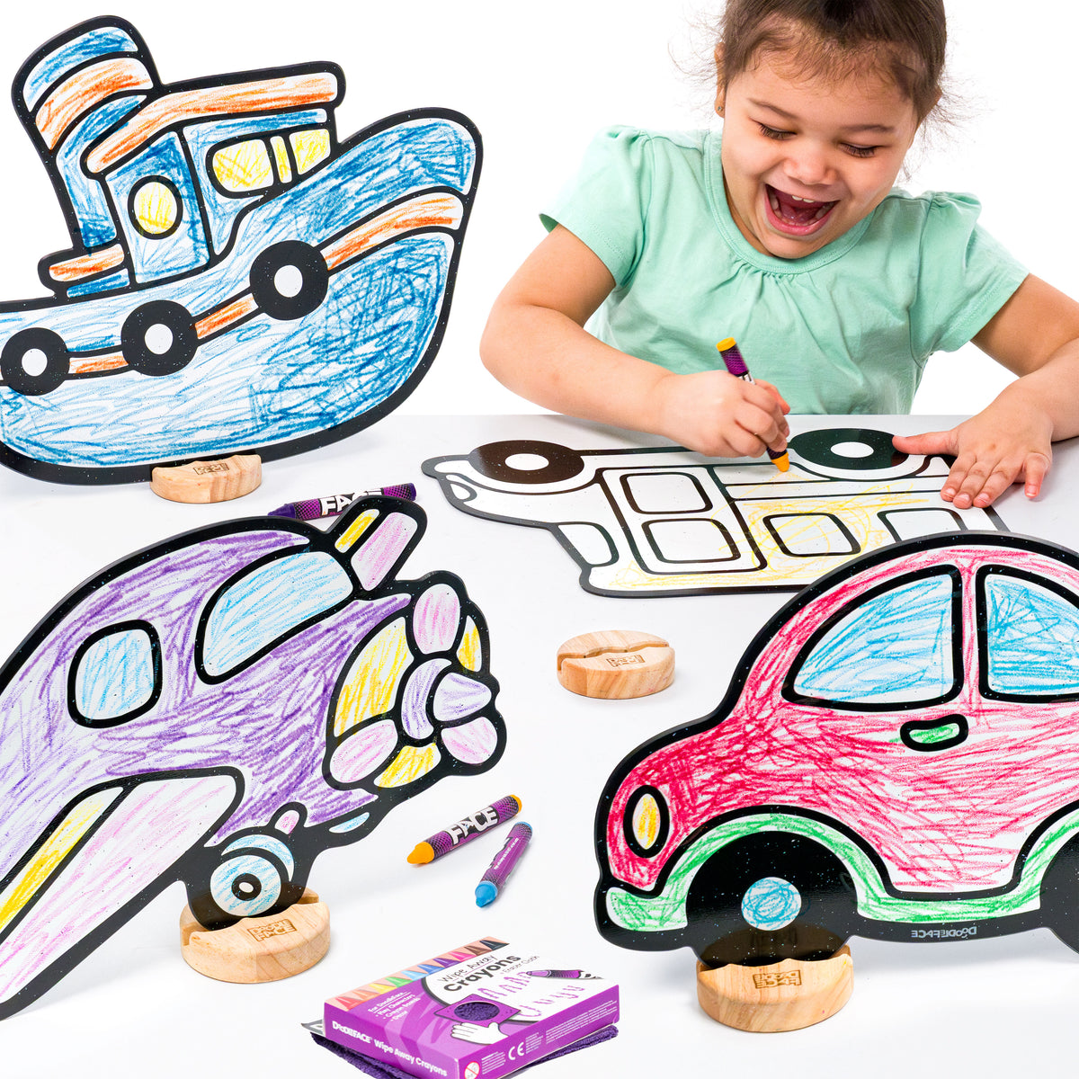 Transportation Color & Play Set | Airplane, Boat, Car, and School Bus