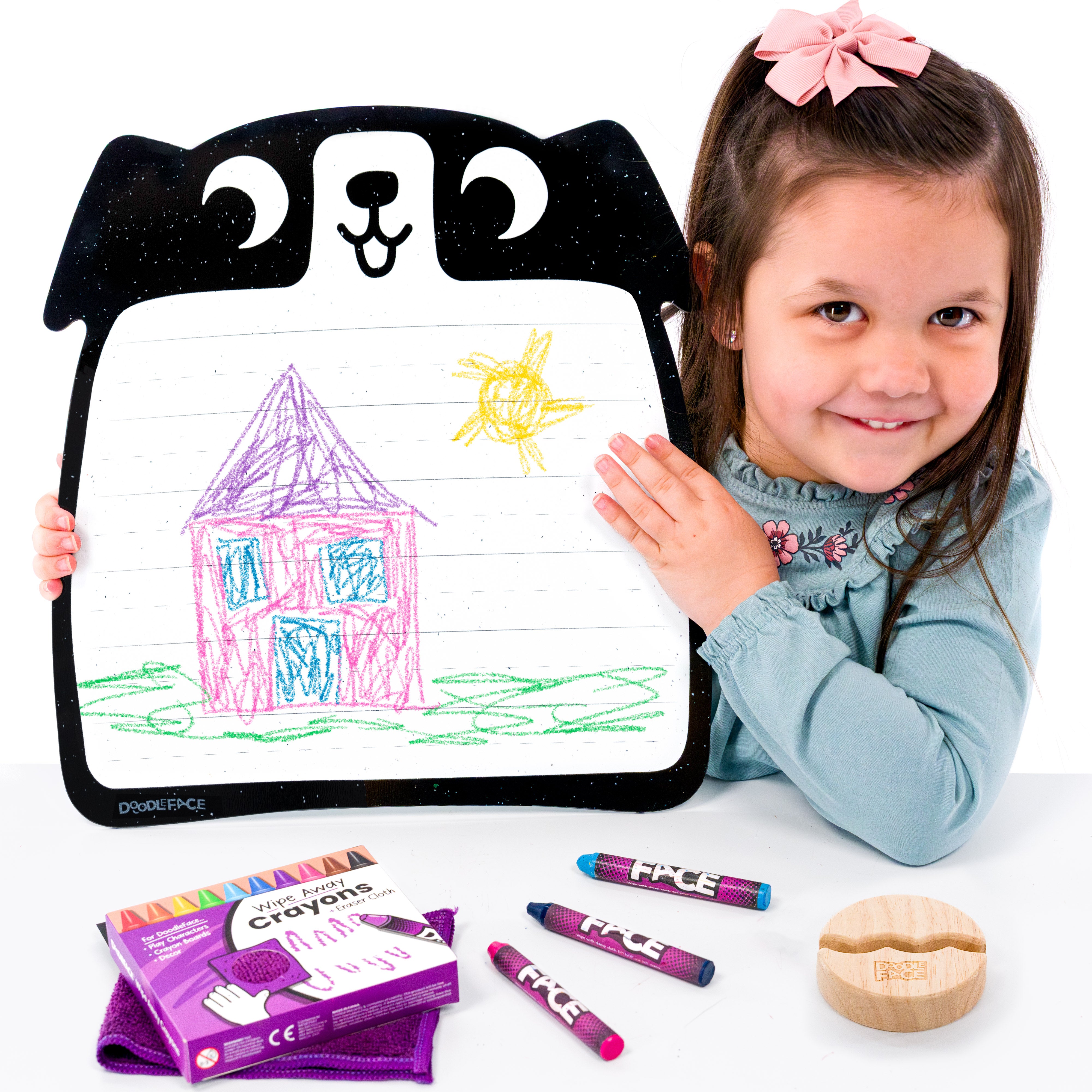 DoodleFace Wipe-Away Crayon Board w/ Crayons. Mess-Free Dry-Erase for Kids Ages 2-8!