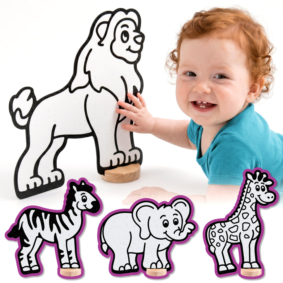 Safari Zoo Animal Color & Play Set | Elephant, Giraffe, Lion, and Zebra