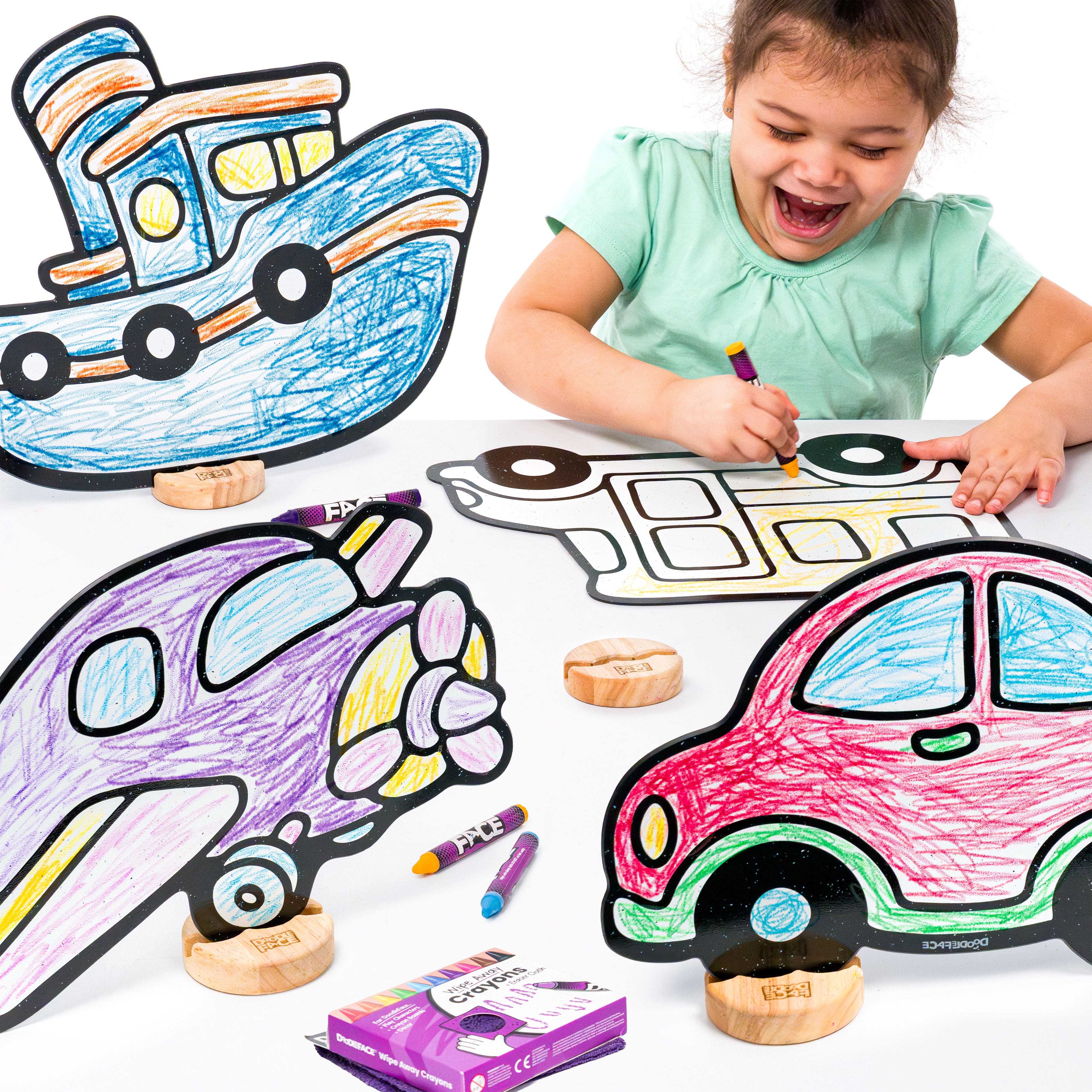 Transportation Color & Play Set | Airplane, Boat, Car, and School Bus
